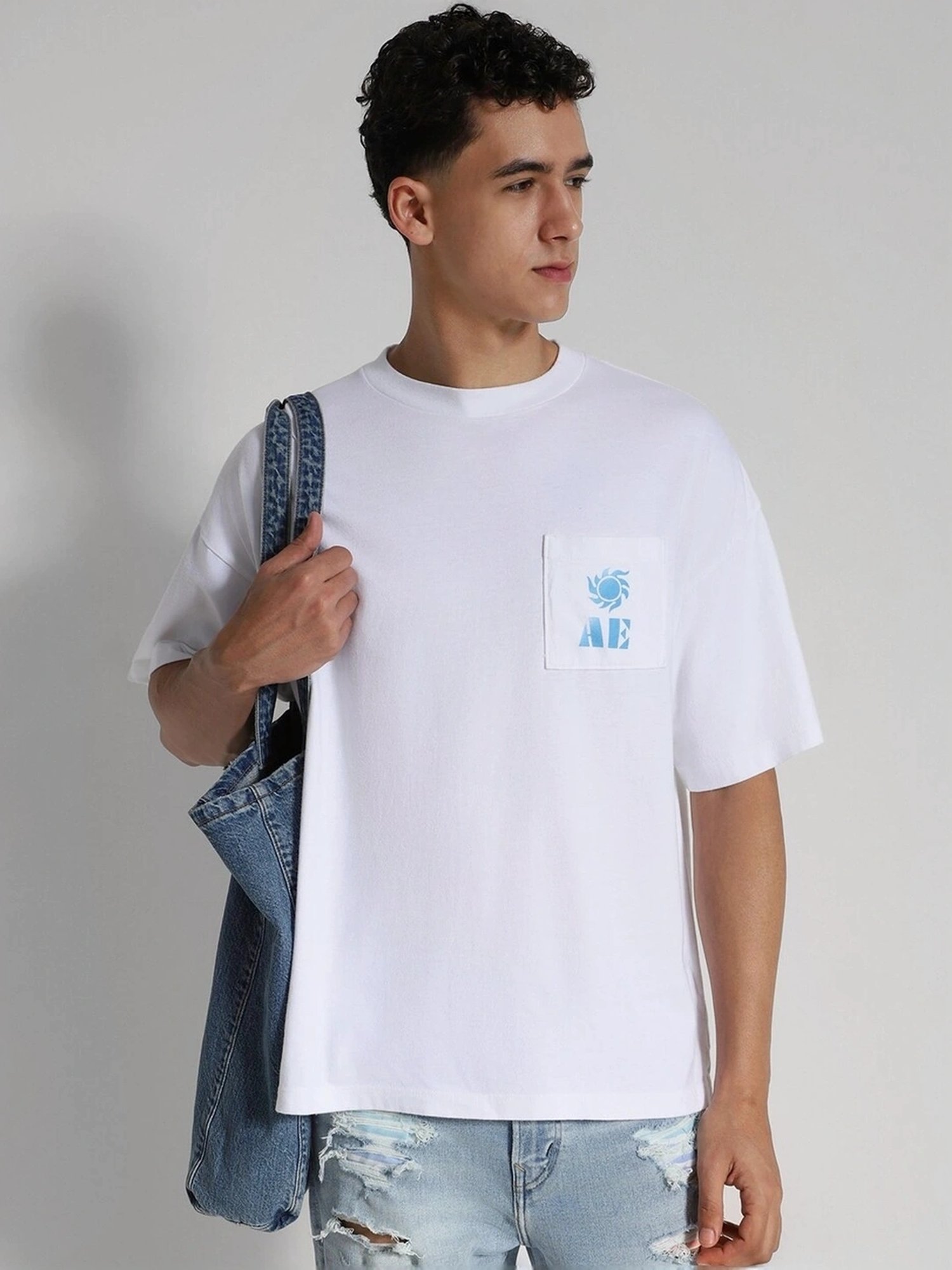 American Eagle White Cotton Oversized Fit Printed T-Shirt