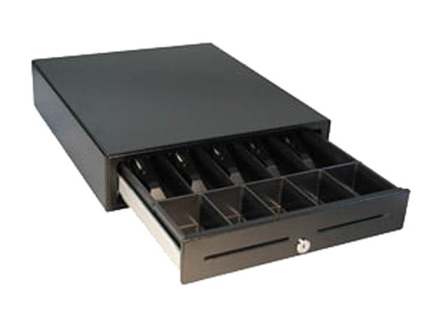 APG Vasario Series Standard Duty Cash Drawer, 16&rdquo; x 18&rdquo;, Dual Media Slots, Multipro 24V, Fixed 5X5 Till, Painted Front, Black, Requires Cable - VB320-BL1618