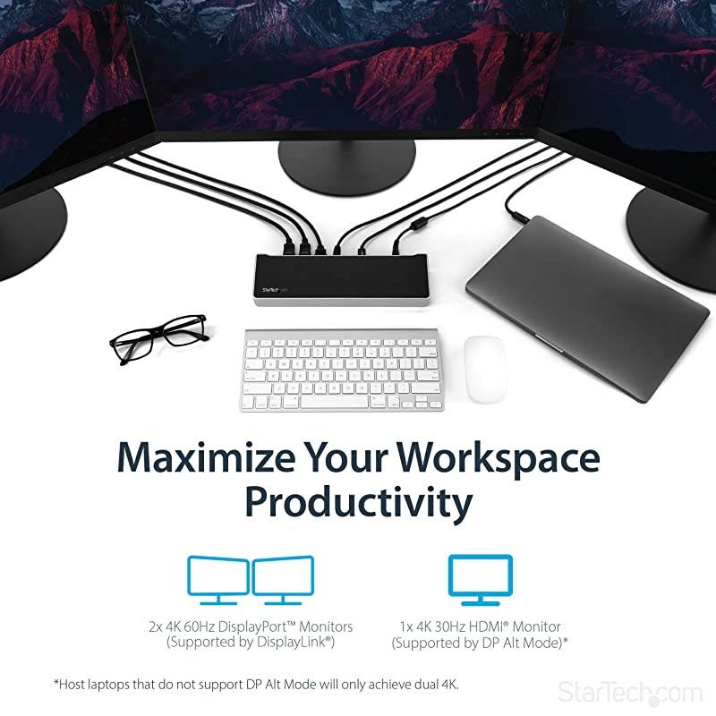 com USB-C Dock - 4K Triple Monitor Laptop Docking Station with Dual DisplayPort & HDMI - 100W Power Delivery - USB-C, 4x USB-A Hub - USB 3.1 Gen 1 Type-C Dock - Windows & MacBook (DK30CH2DEP)