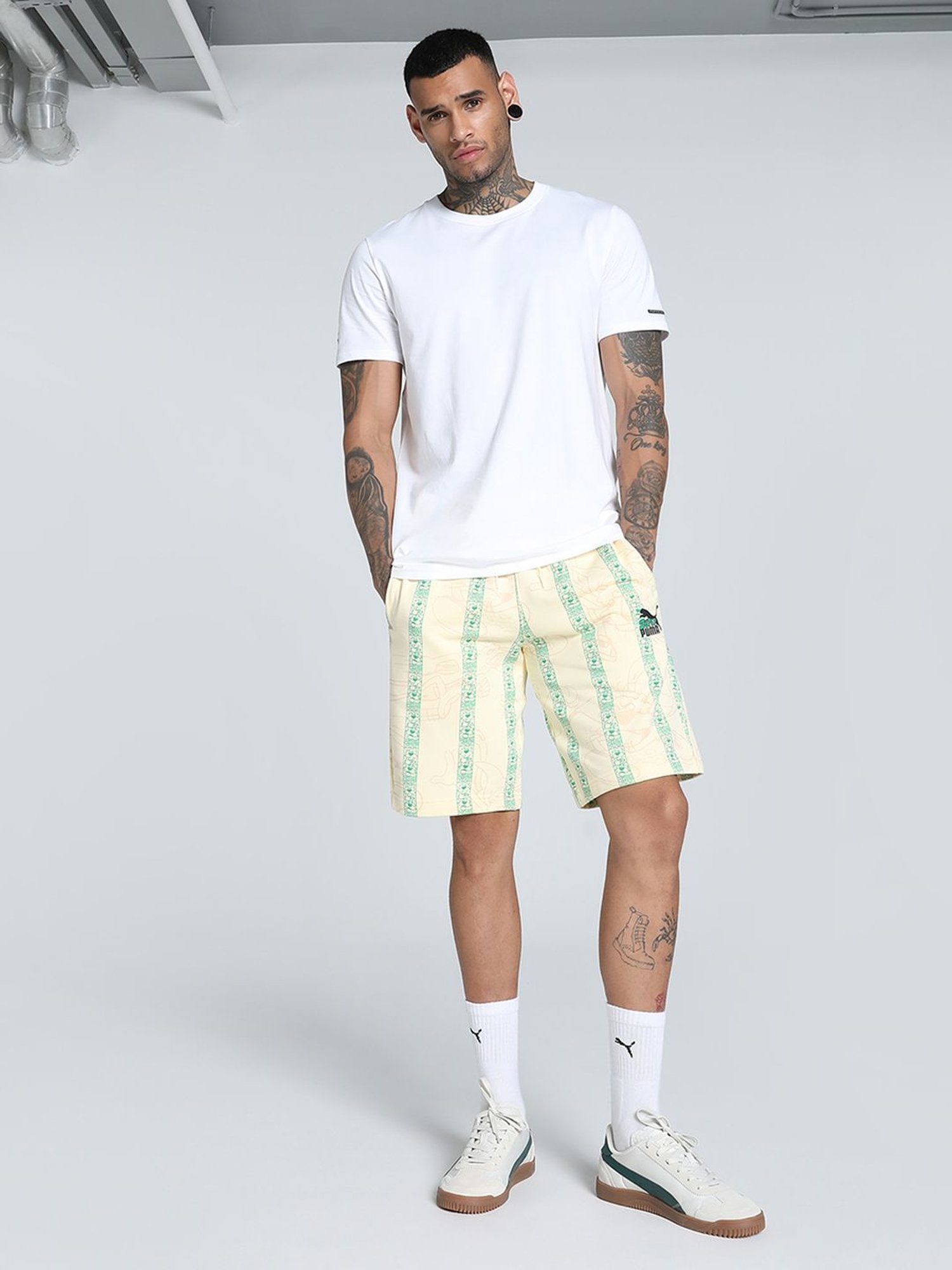 Puma Yellow Cotton Regular Fit Printed Sports Shorts