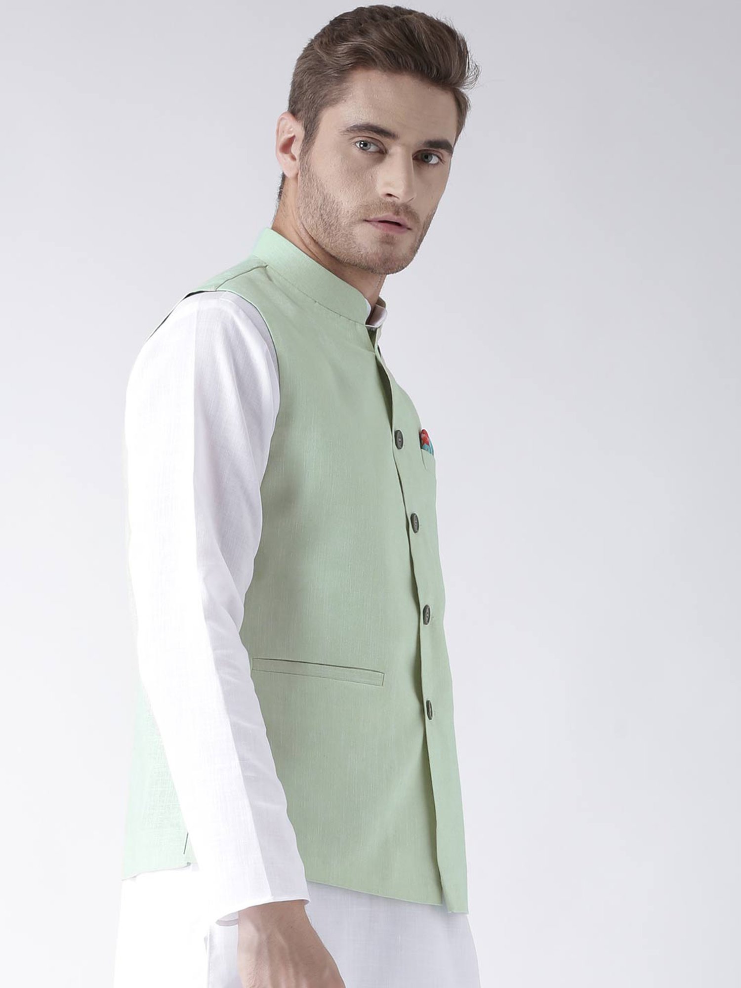 Hangup Plus Mint Green Regular Fit Linen Nehru Jacket