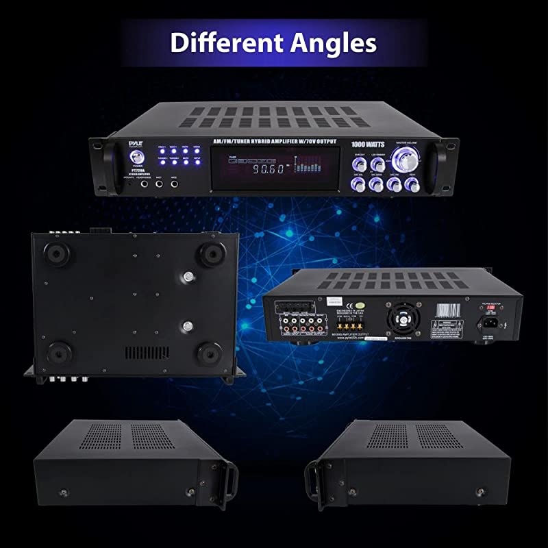 4-Channel Home Audio Power Amplifier - w/ 70V Output - 1000 Watt Rack Mount Stereo Receiver w/ AM FM Tuner, Headphone, Microphone Input for Karaoke, Great for Commercial Entertainment Use -  PT720A B