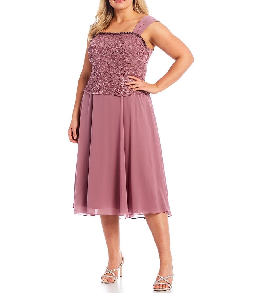 Le Bos Plus Size Square Neck 3/4 Sleeve Sequined Lace Tea Length 2-Piece Jacket Dress