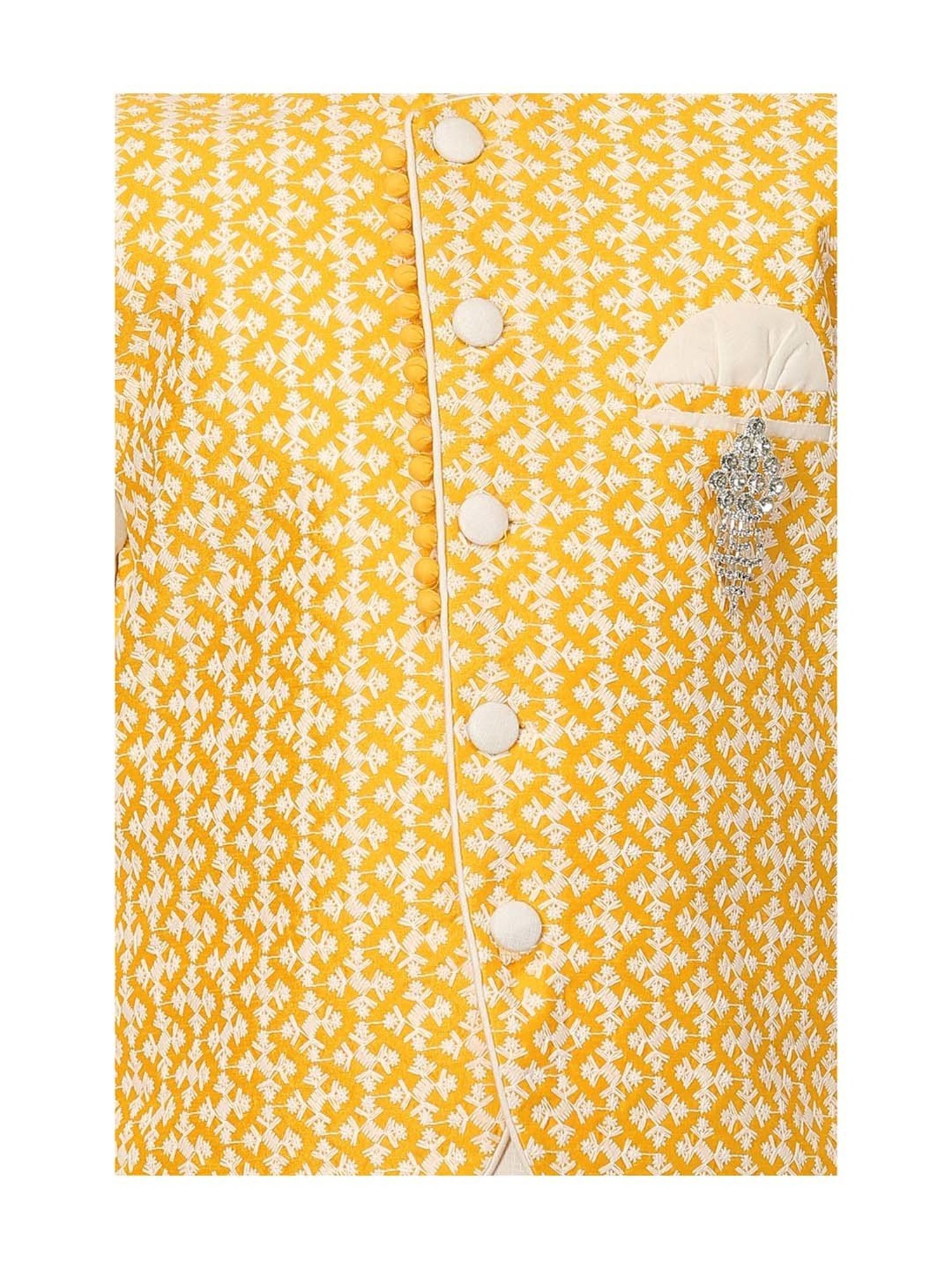 Ahhaaaa Kids White & Yellow Cotton Embroidered Full Sleeves Kurta Set