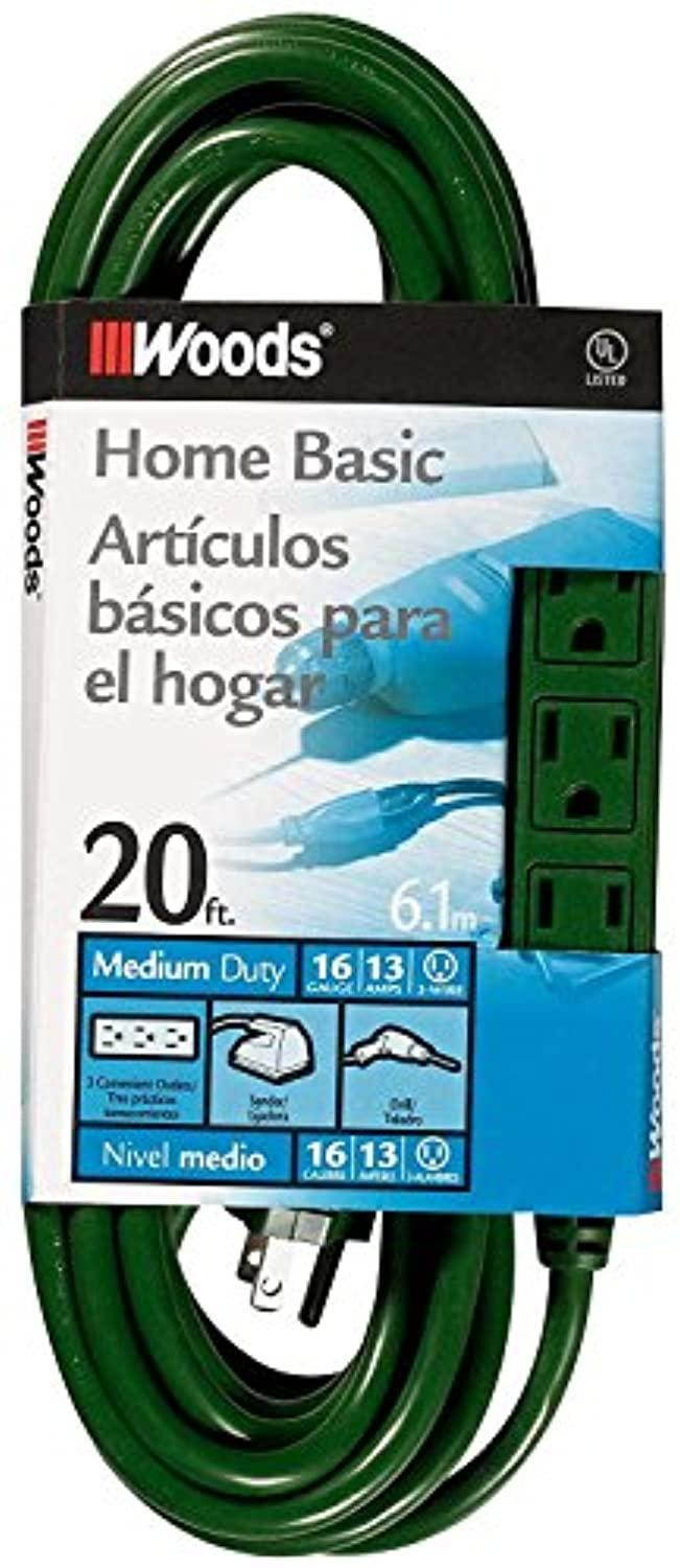 woods 0859 3-outlet extension cord with power tap, 20-foot, green