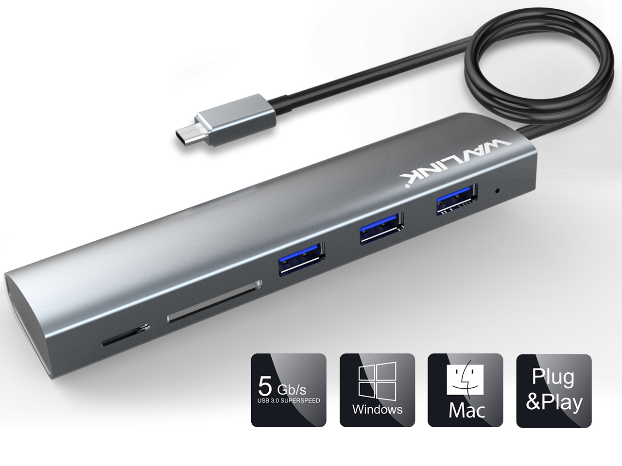 Wavlink USB C Hub, Type C Adapter Mini Docking Station with 4K HDMI Port, 2 USB 3.0, TF/SD Card Reader, USB-C PD3.0 100W  and Thunderbolt 3, LED indicator For MacBook Pro for MacBook Pro/Air