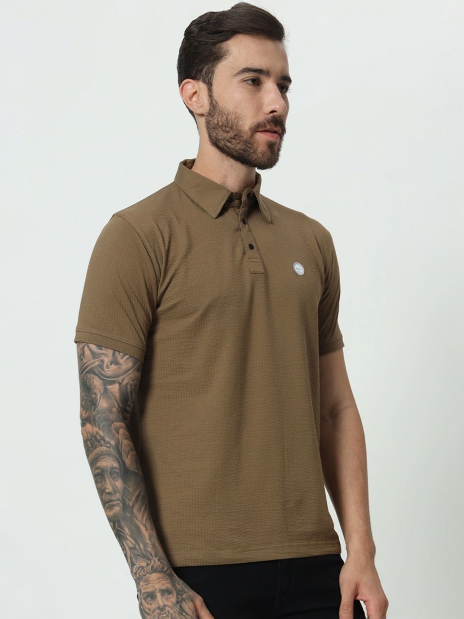 Tab91 Brown Regular Fit Self Pattern Polo T-Shirts