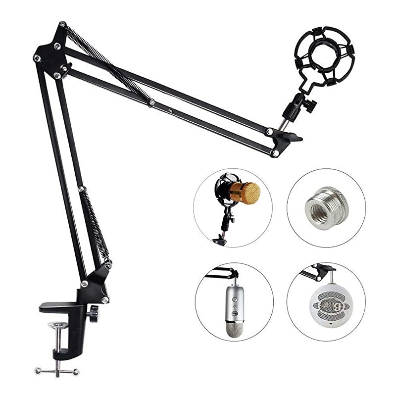 Adjustable Microphone Suspension Boom Scissor Arm Stand with Shock Mount Mic Clip Holder 38 to 58 Screw Adapter for Blue Yeti Snowball amp Other Microphones stand with adapter