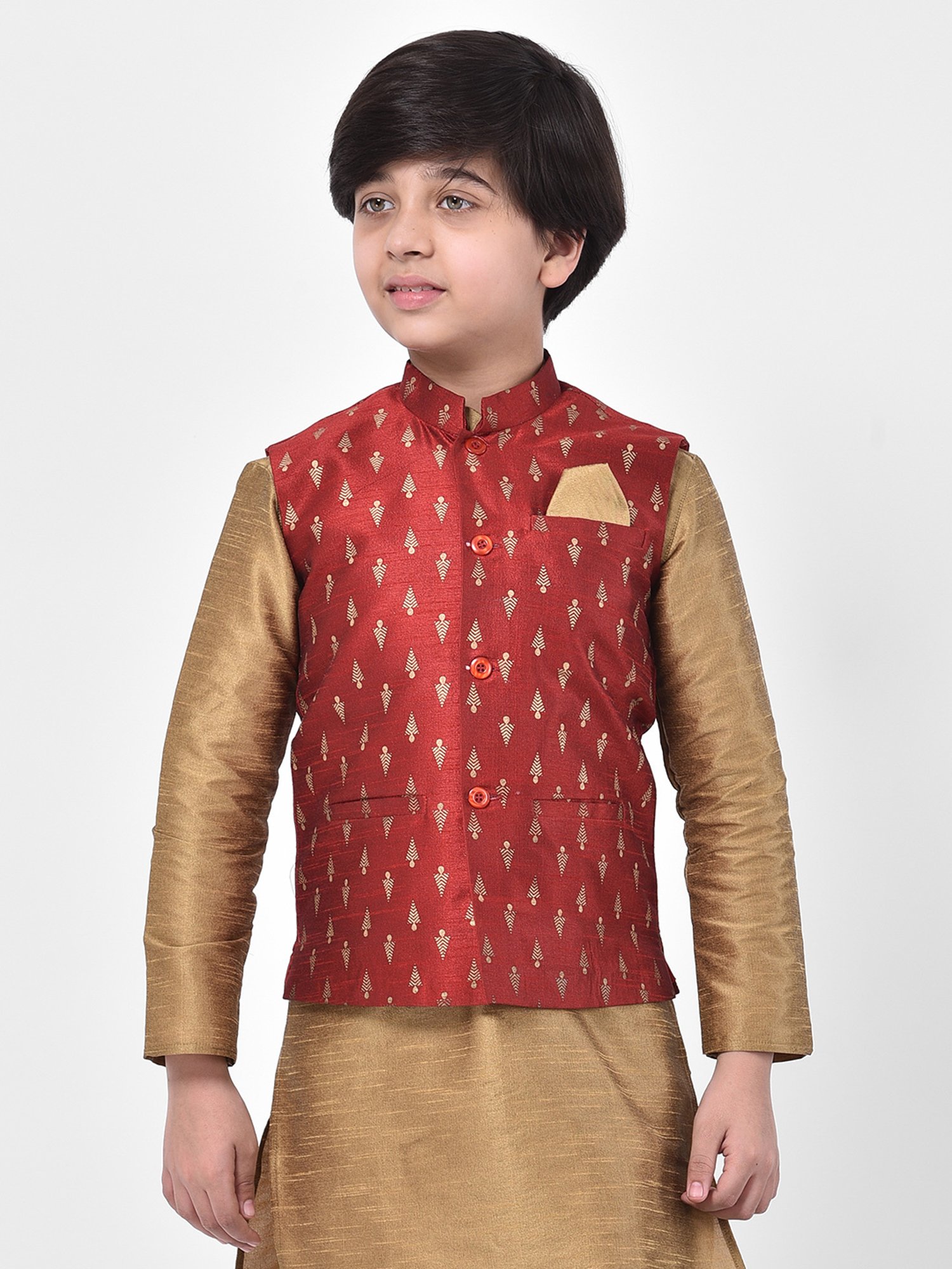 Deyann Kids Red Embroidered Nehru Jacket