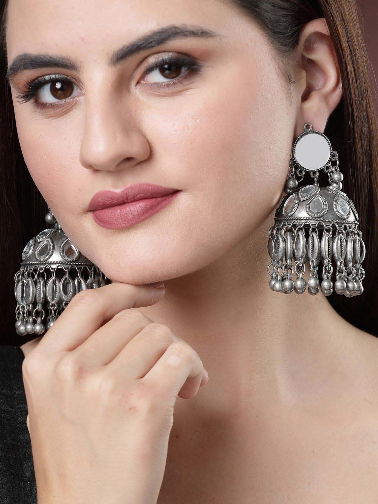 NVR Silver Plated Mirror Work Oxidized Contemporary Jhumki Earrings for Women