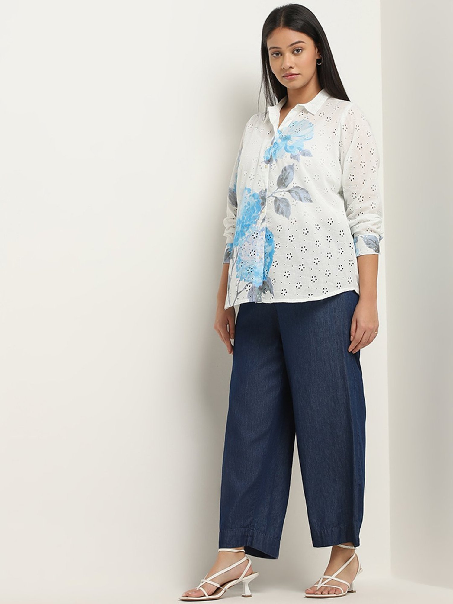 Diza by Westside Blue Floral Schiffli Design Straight Cotton Tunic