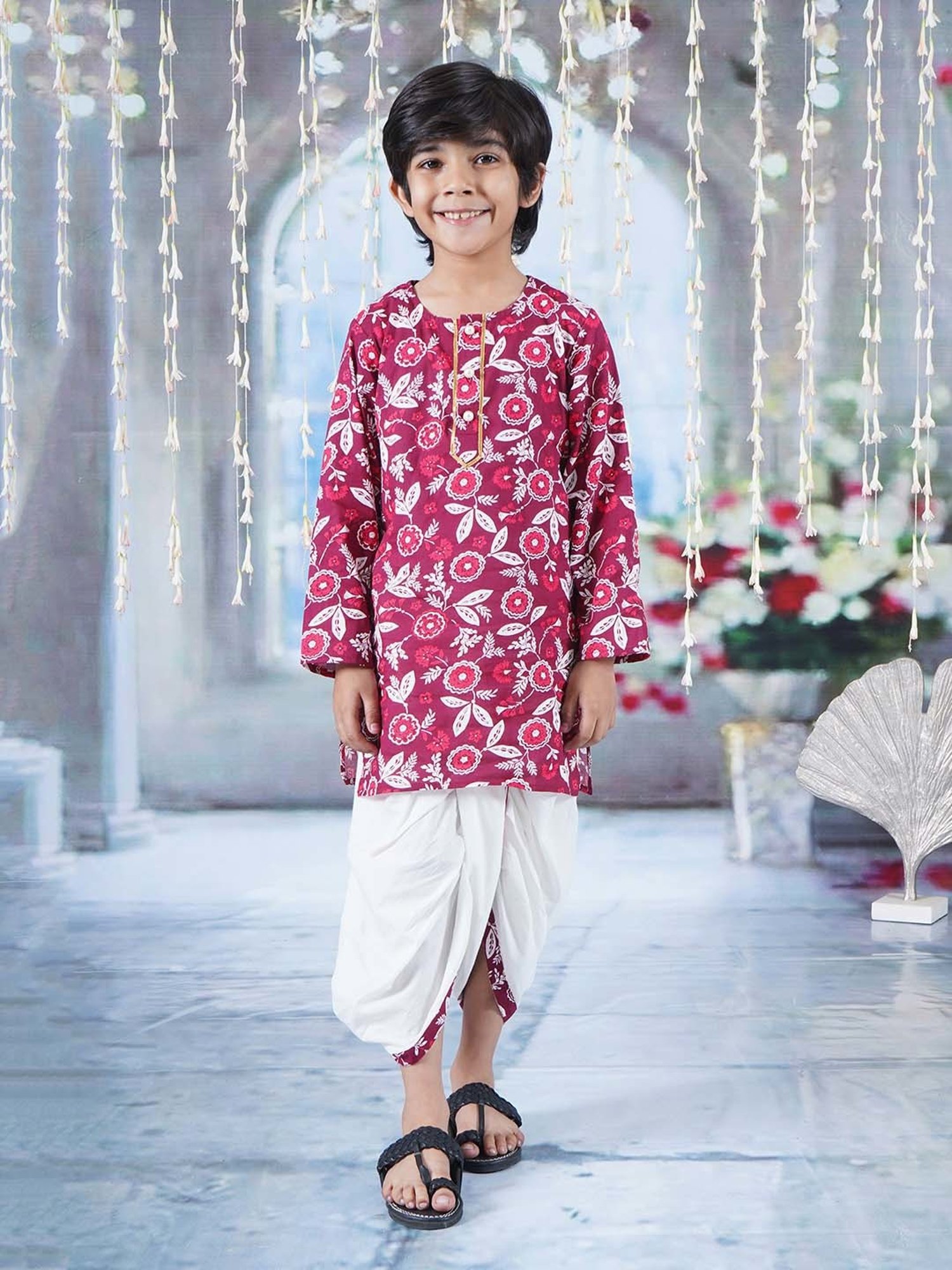 Little Bansi Maroon & White Cotton Floral Print Full Sleeves Kurta Set