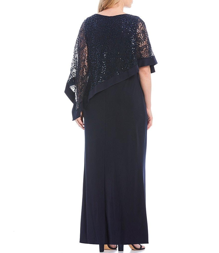 R & M Richards Plus Size Sequin Lace Poncho Overlay 2-Piece Gown