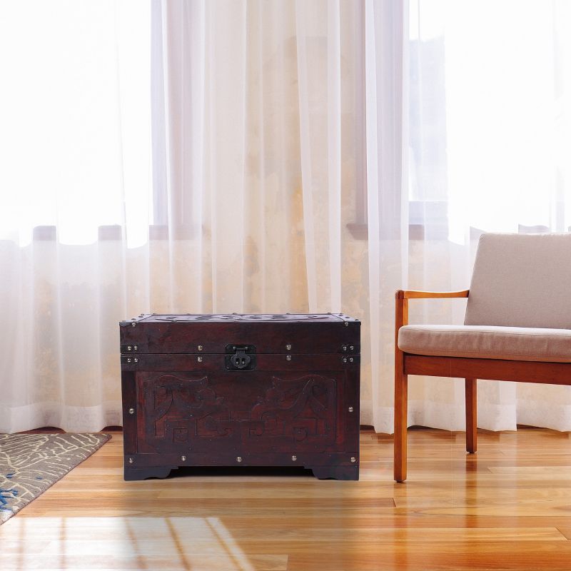 Vintiquewise Vintage Style Cherry Wooden Storage Trunk with Fretwork Design
