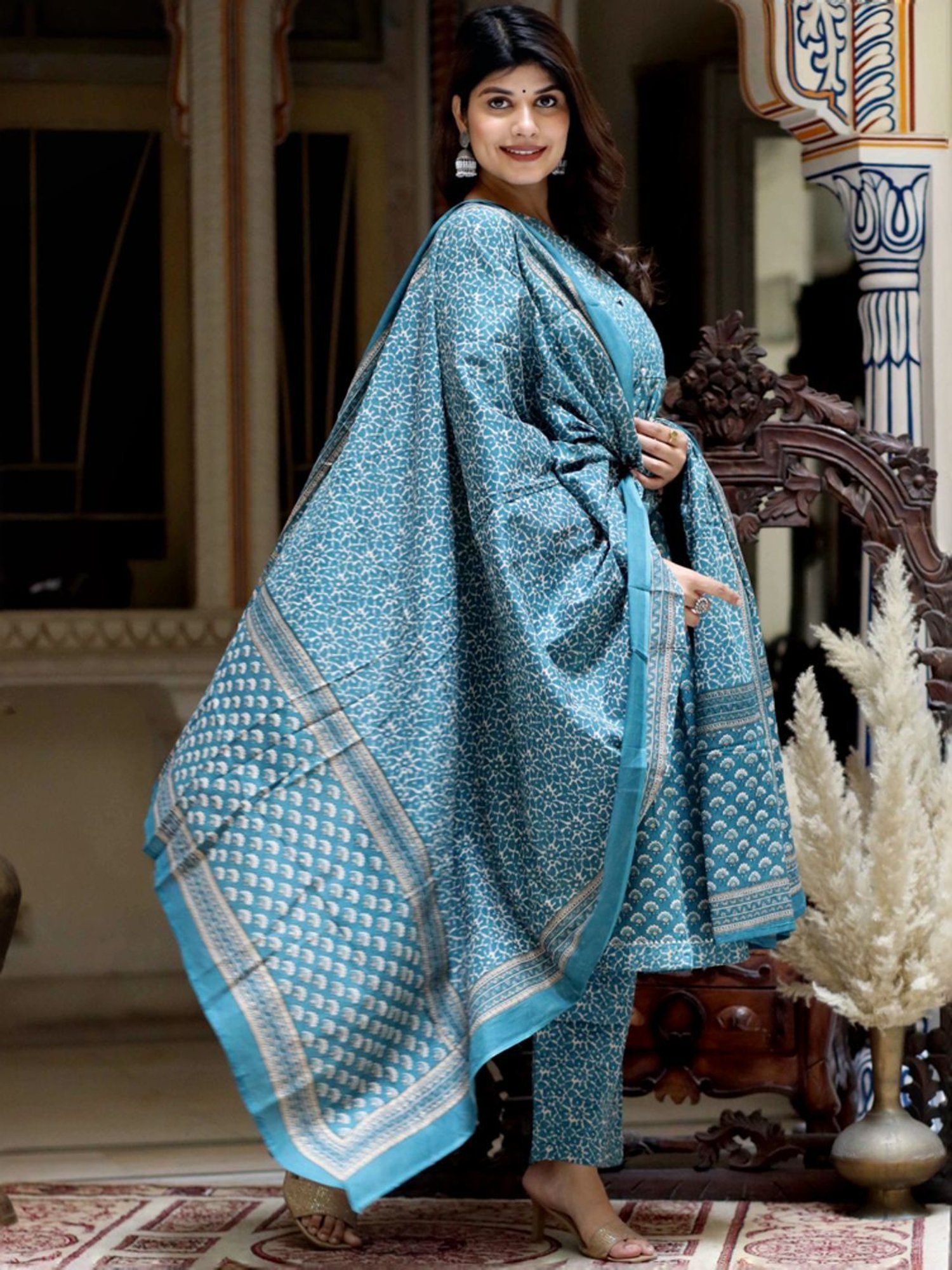 Miravan Blue Cotton Floral Print Kurta Palazzo Set With Dupatta
