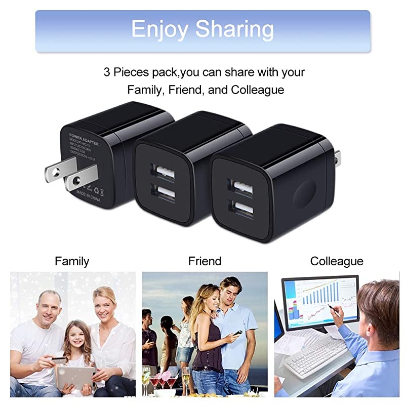Wall Charger Box, 3Pack 2.1A Dual Charging Block Brick Power Adapter Cube for iPhone 12 Pro/Mini/Pro Max/SE/11/Xs Max/X, Samsung S21/S20 FE/Ultra 5G Note 21/20, LG, Google, Moto, Android Phone