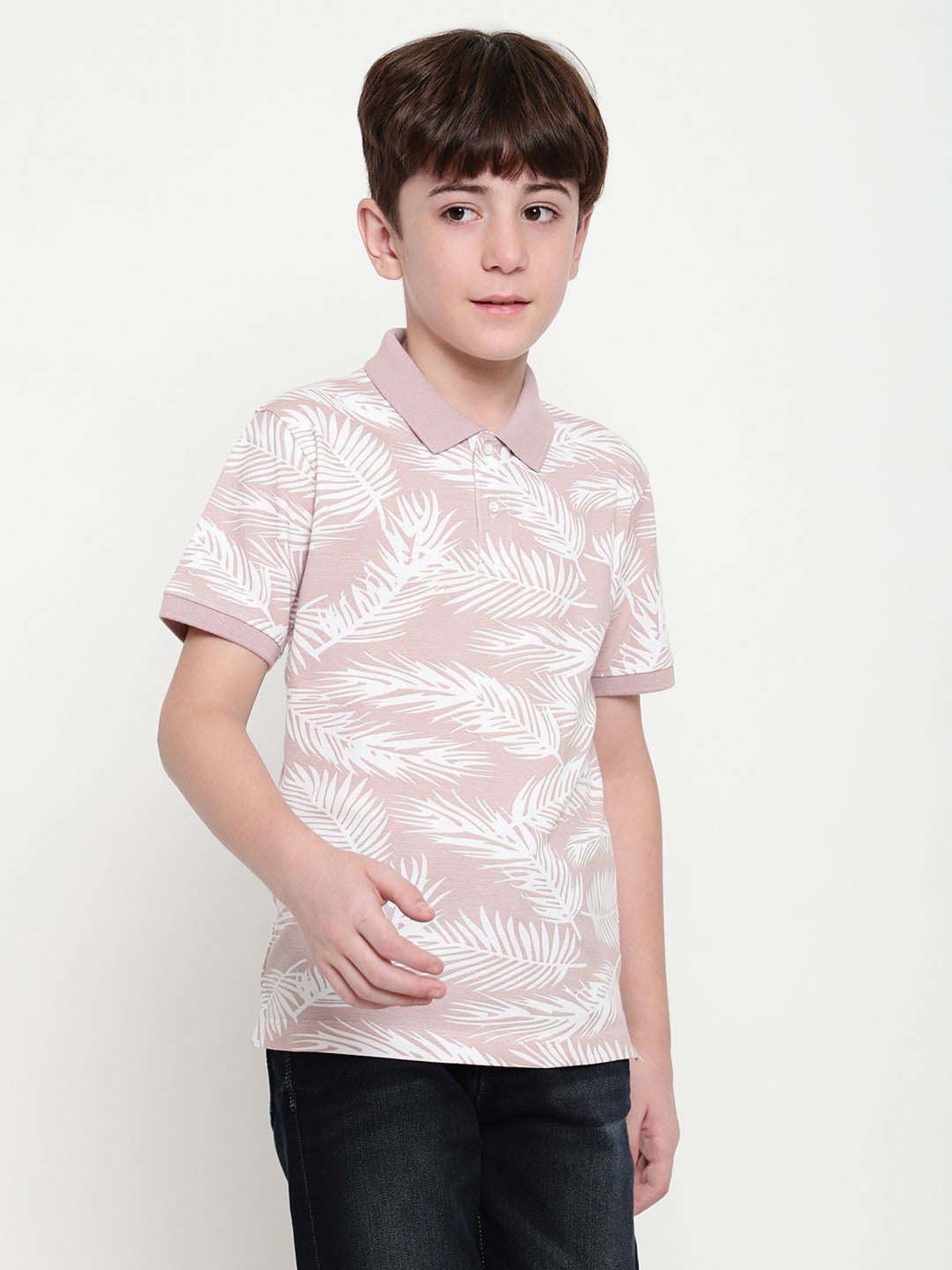 Octave Kids Suede Pink Cotton Floral Print Polo T-Shirt