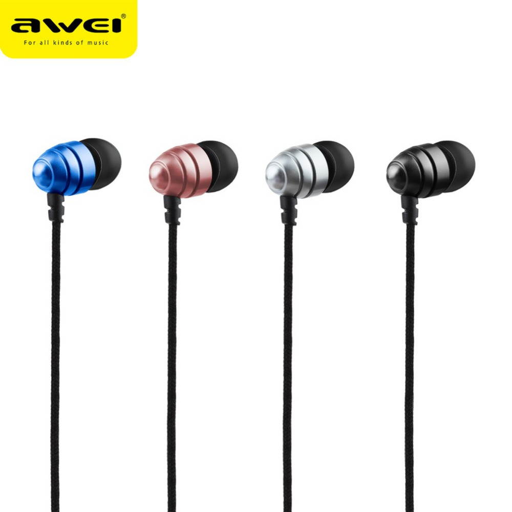 AWEI ESQ2 Fashionable Deisgn Metal 3.5MM Plug Stereo Music Deep Bass In-Ear Earphones with Microphone for Mobile Phones
