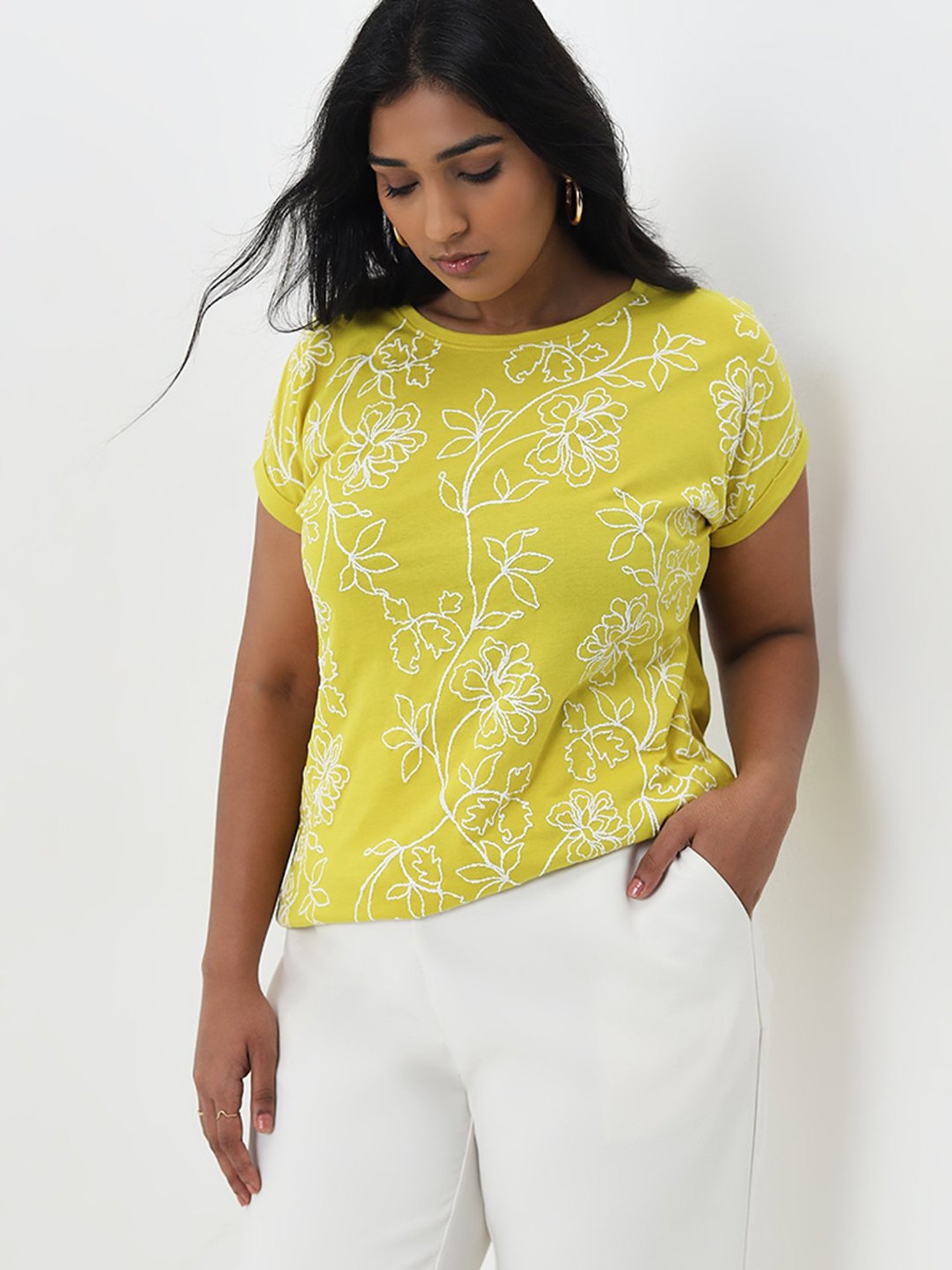 Gia by Westside Mustard Floral Printed Cotton T-Shirt