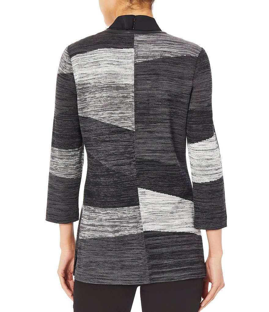 Ming Wang Melange Colorblock Knit Toggle Closure Round Jewel Neck 3/4 Sleeve Jacket