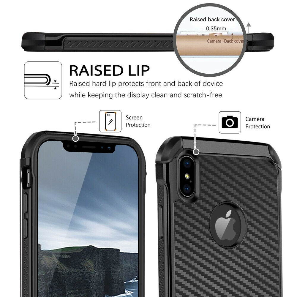 For iPhone 12 11/Pro/Max/XS/XR/X/8/7/Plus Carbon Fiber Hard Case+Tempered Glass