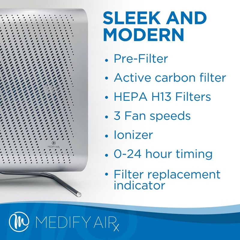 Medify Air MA-35-S1 Medical Grade Wall Mountable Air Cleaner Purifier Machine with H13 True HEPA Filter, and 640 Square Feet Coverage, Silver