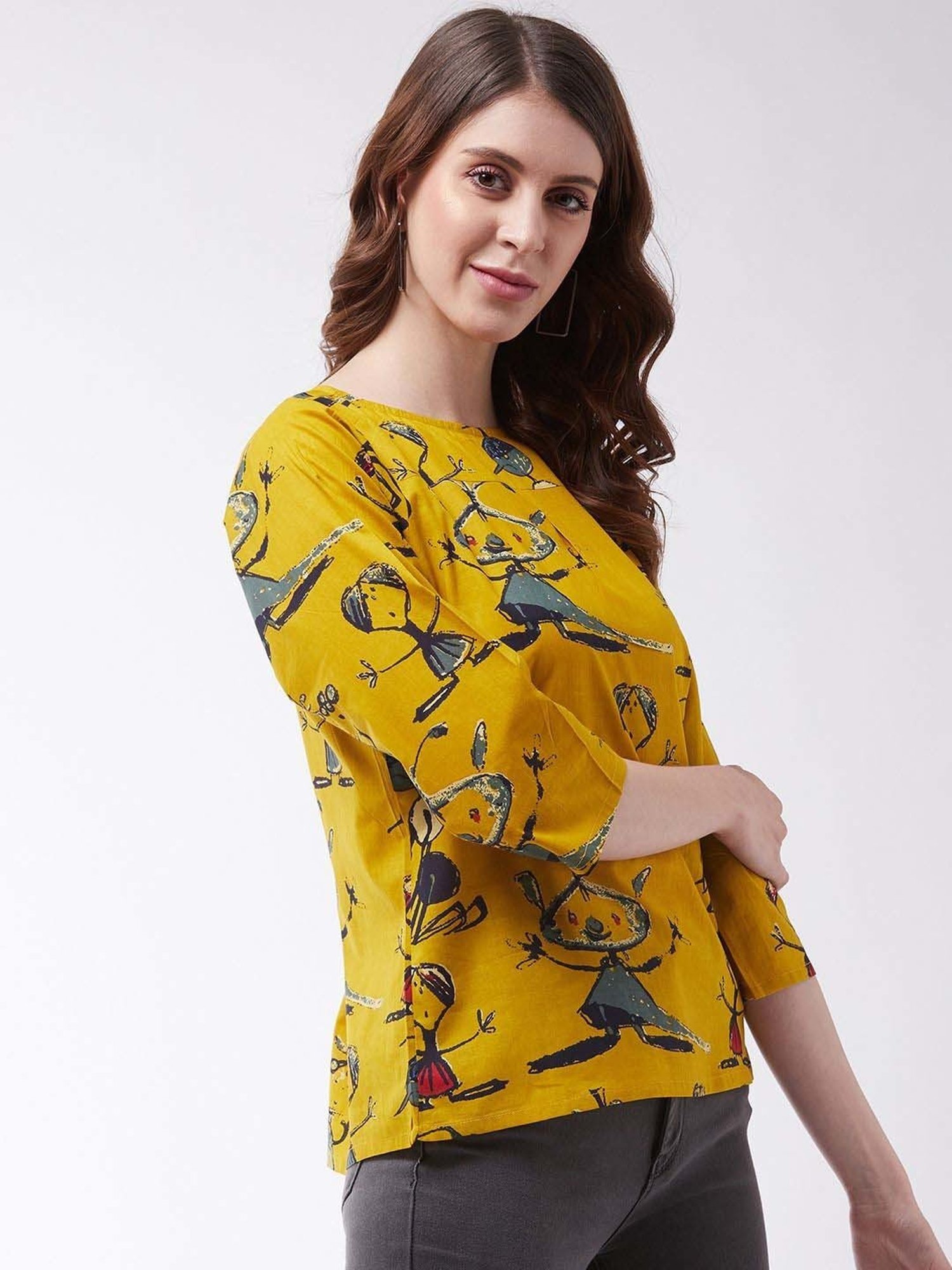 Inweave Yellow Cotton Printed Top