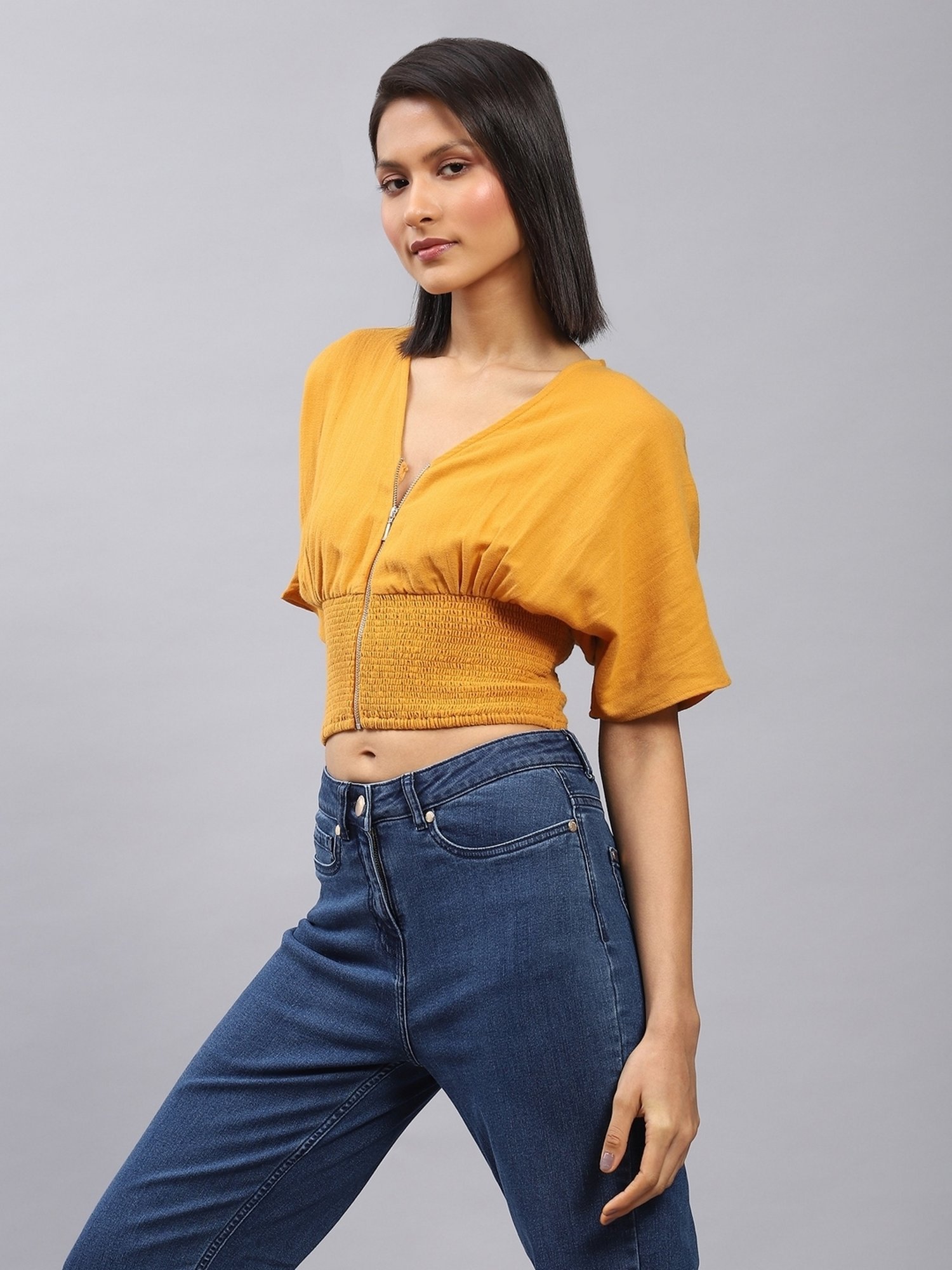 Label Ritu Kumar Green Cotton Blend Solid Cropped Zipper Top