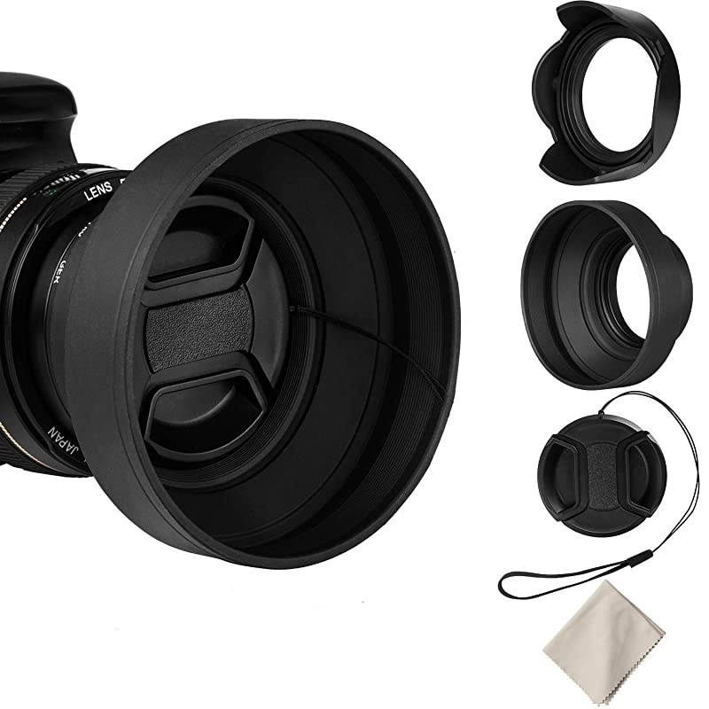 52mm Lens Hood Set Collapsible Rubber Lens Hood with Filter Thread + Reversible Tulip Flower Lens Hood + Center Pinch Lens Cap + Microfiber Lens Cleaning Cloth