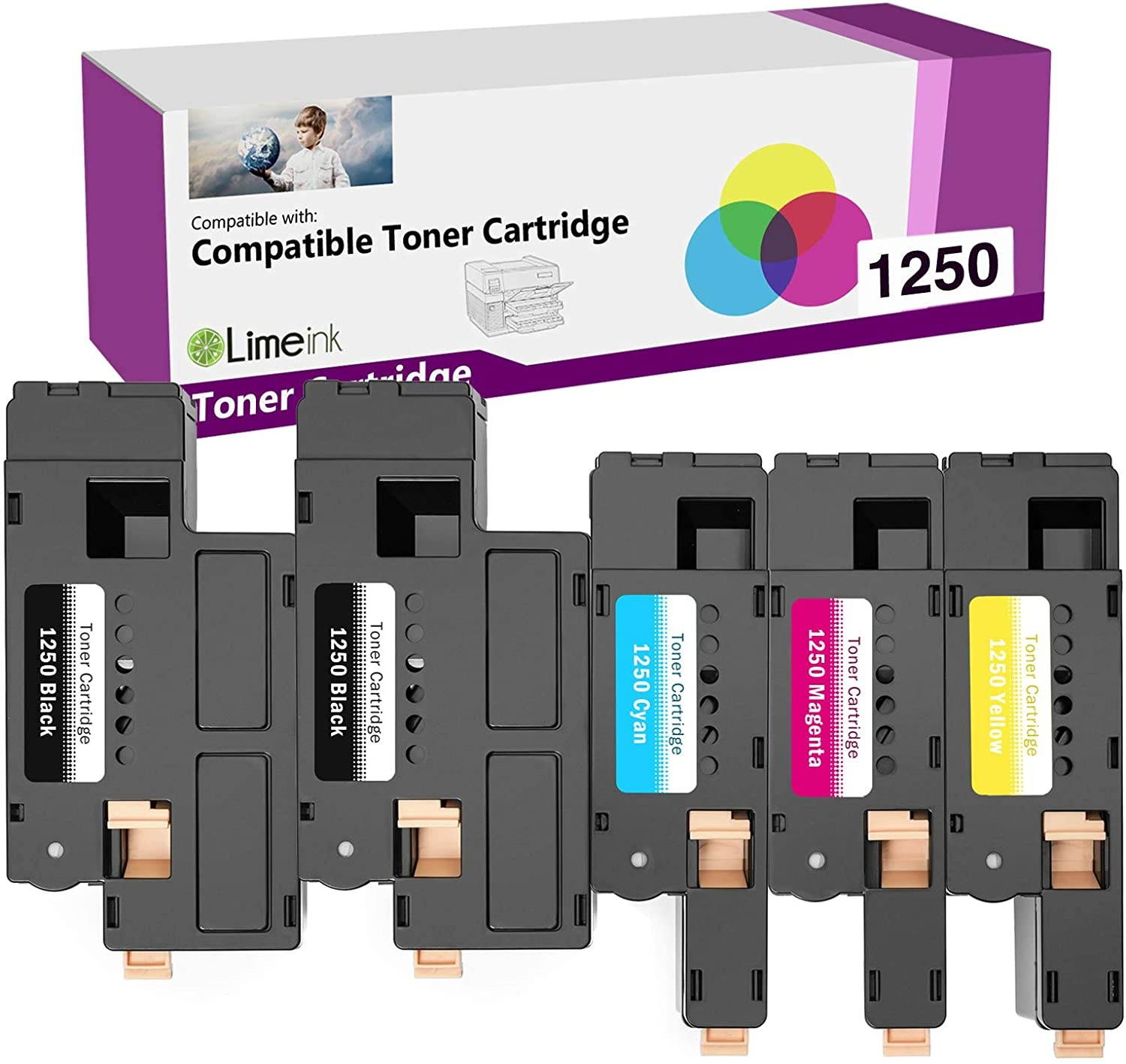 Limeink 5 Pack Compatible High Yield Toner Cartridges Replacement for Dell 1250 Laser Printers 1250c 1350cnw 1355cn 1355w 1355cnw C1760nw C1765nf C1765nfw C1760 (2 Black, 1 Cyan, 1 Magenta, 1 Yellow)
