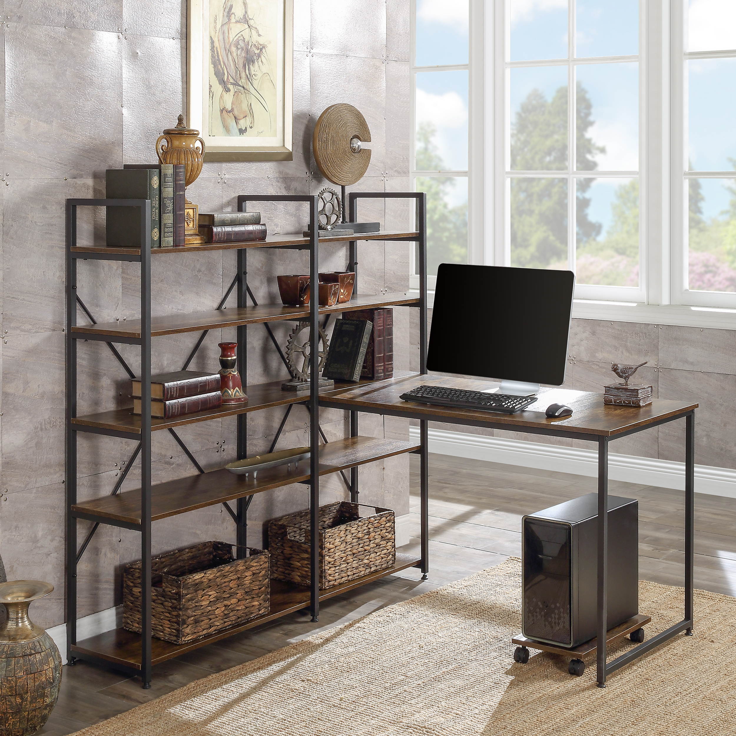 54" Home Office Desk Large Computer Desk Study Table Writing Desk Gaming Desk Workstation with 5-tier shelves Bookcase Brown
