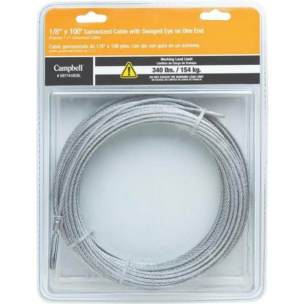 1/8" X 100 Swaged Eye One End 340# Load Capacity Galvanized Cable 5977410CBL