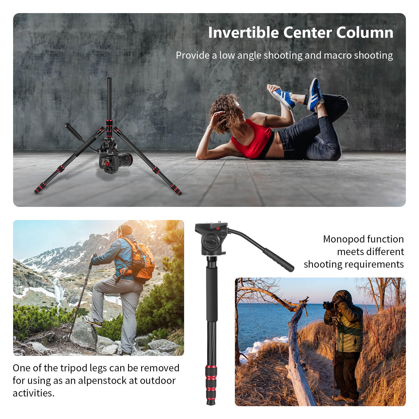 Neewer 2-in-1 N55CL Carbon Fiber Camera Tripod Monopod, Max.78.7inch/200cm Camera Video Tripod with 1/4 and 3/8 inch Screws Fluid Drag Pan Head for DSLR Cameras, Video Camcorders, Load up to 22 pounds
