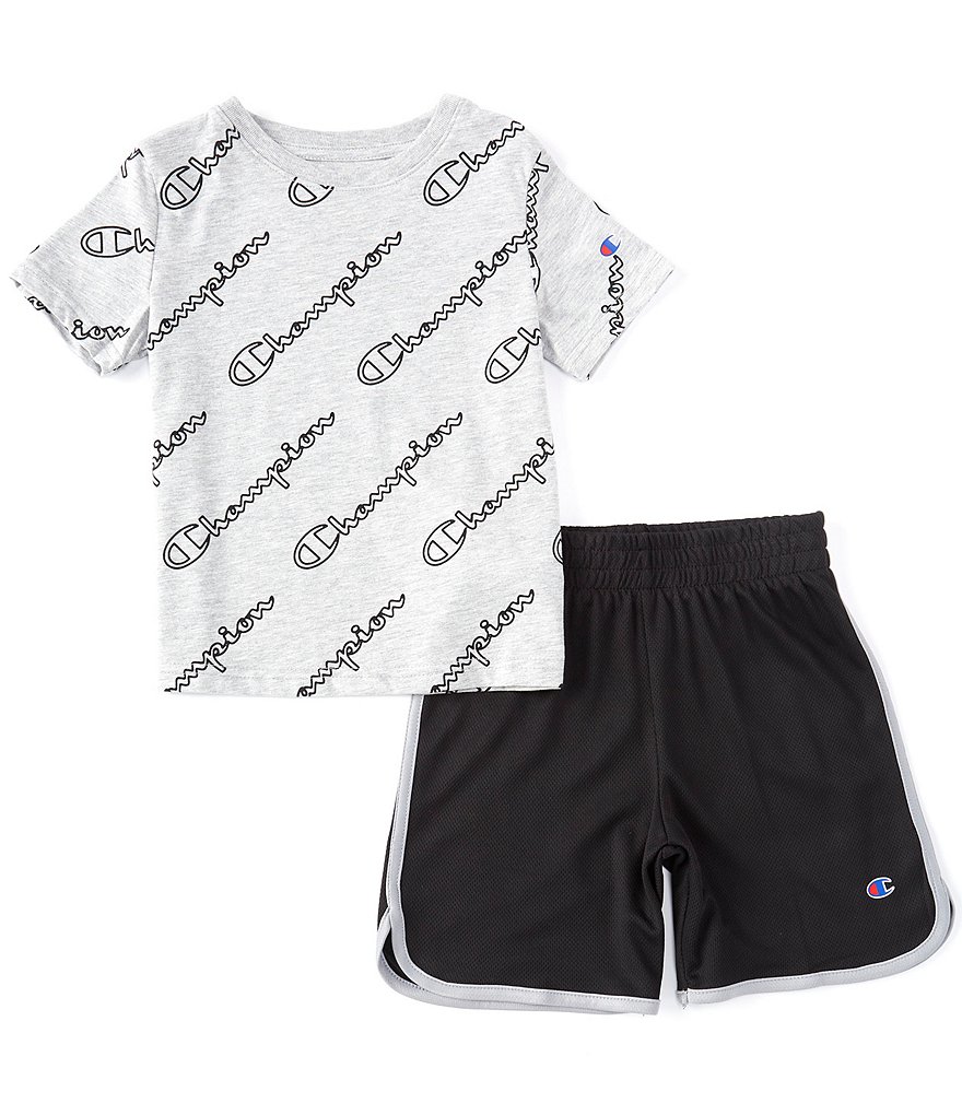 Champion Little Boys 2T-7 Short-Sleeve Diagonal Script Printed Tee & Short Set