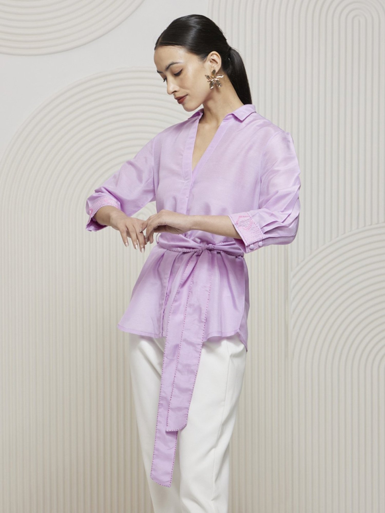 Artagai Lavender Kantha Wrap Shirt with Tie Up and Kantha Detail At Cuff and Belt