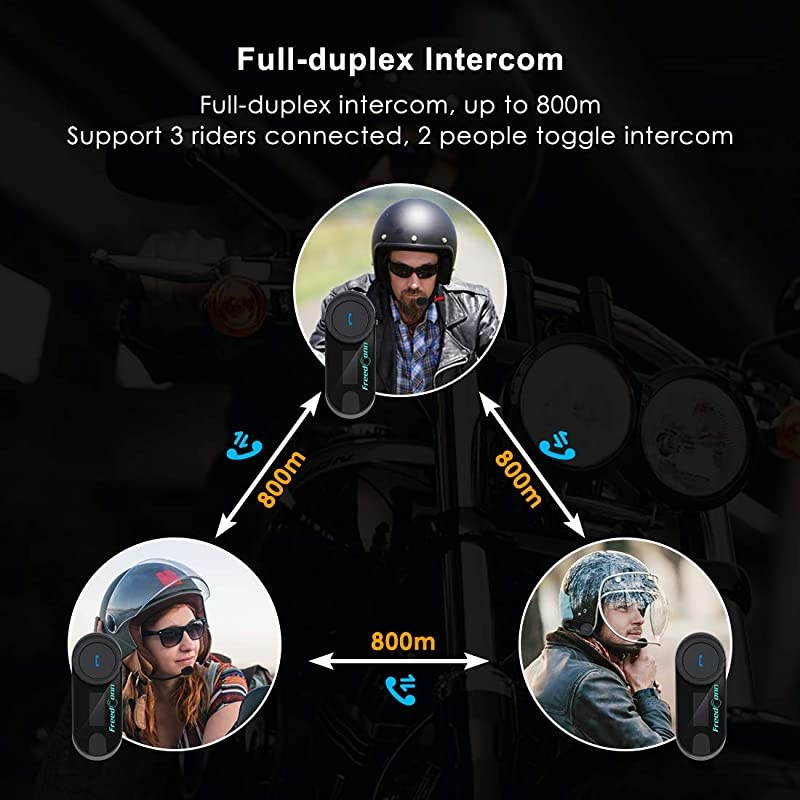 Bluetooth Intercom Kit Microphone Headphone Motorcycle Intercom Headset 800M Full-Duplex Intercom Support 3 Riders Connected, Cell Phone/Music/GPS (1 Unit with Hard Cable)