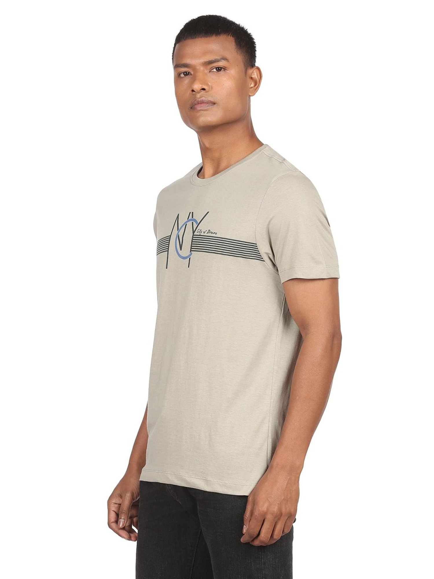 Arrow New York Light Olive Cotton Regular Fit Printed T-Shirt