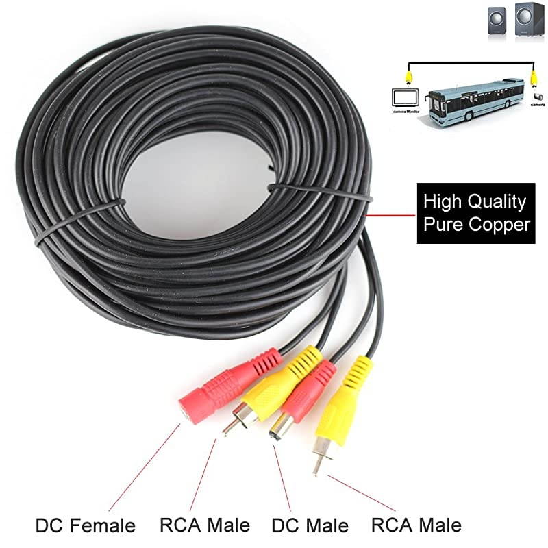 RCA Plug DC 2.1 5.5 MM Power Cord Video AV Extension Cable for CCTV Security Car Tuck Bus Trailer Reverse Parking Backup Camera 20 Meters 64ft by