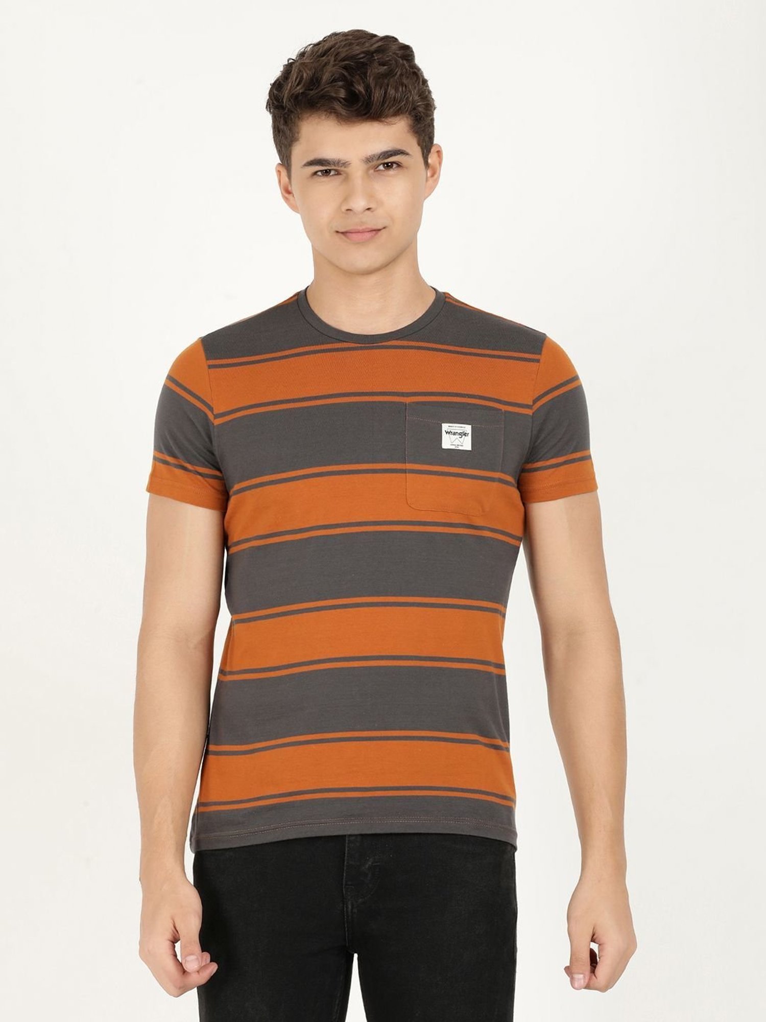 Wrangler Grey Cotton Regular Fit Striped T-Shirt