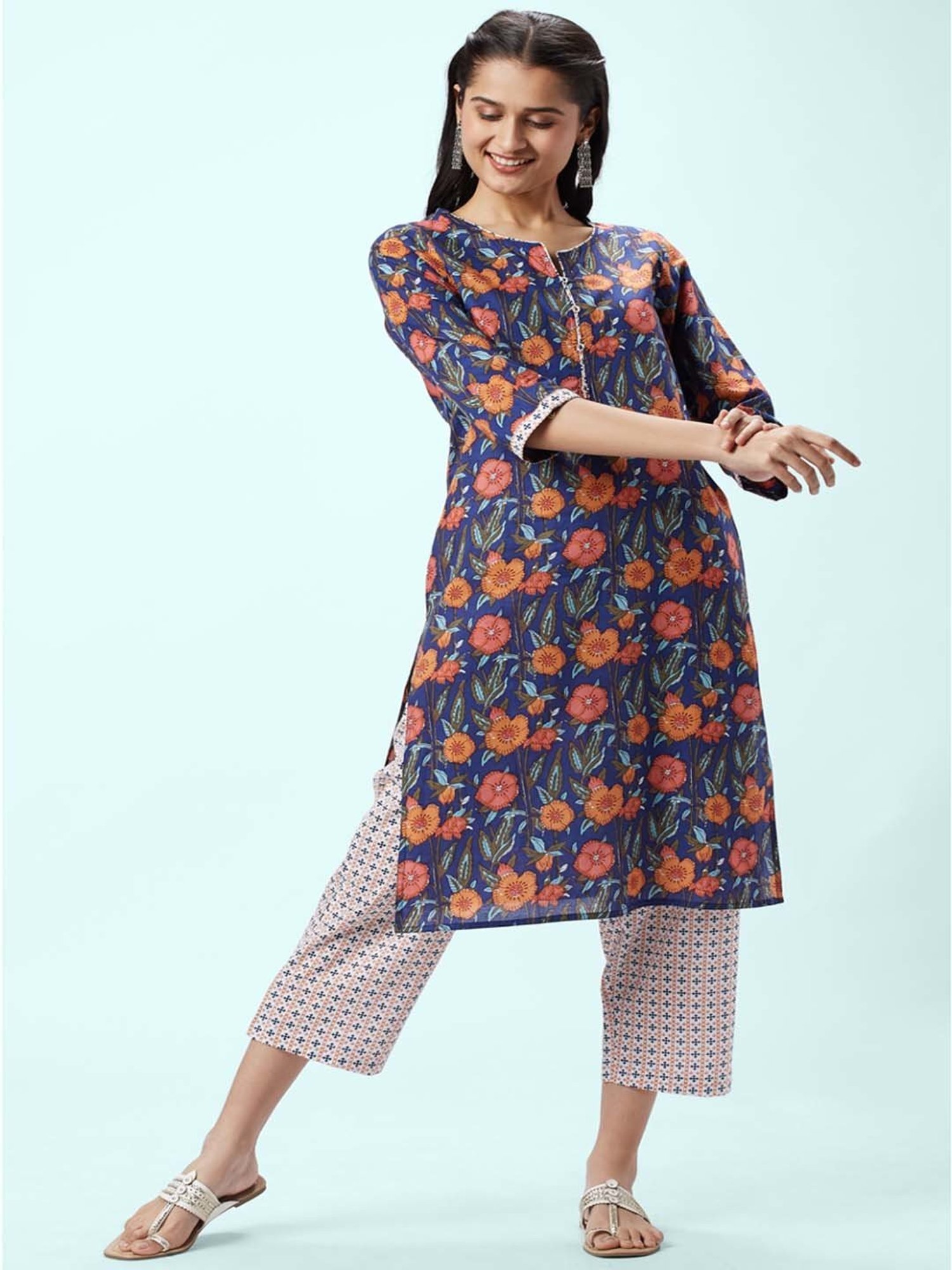Rangmanch by Pantaloons Blue Cotton Floral Print Kurta Palazzo Set