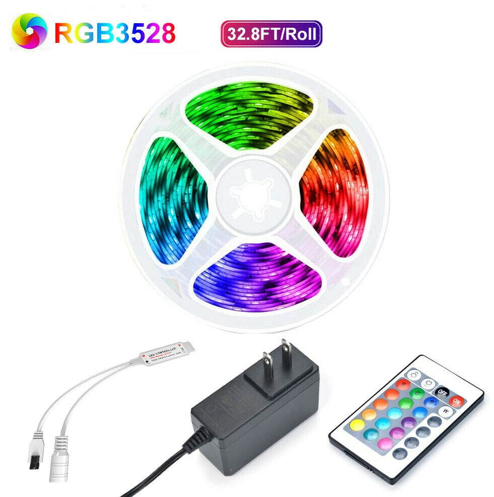 32.8 Feet RGB 3528 Flexible Led Strip Lights SMD 24 Key Remote 12V DC Power Kit