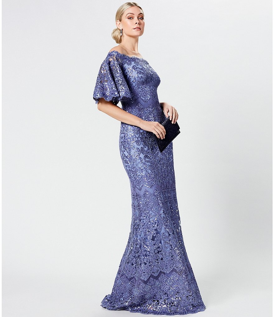 Tadashi Shoji Off-the-Shoulder Sequin Lace Scalloped Hem Gown