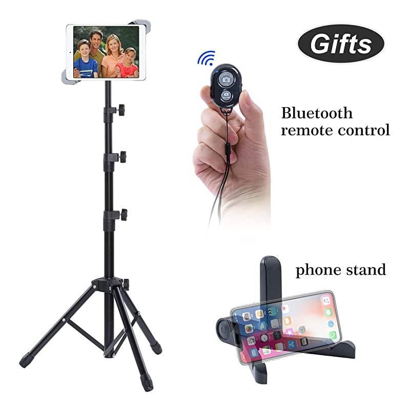 iPad Tripod Stand Holder Indoor Outdoor Foldable Bluetooth Control Floor Mount Tablet Stand 360 Rotating Height Adjustable for More 7 to 12 Inch Tablets Carrying Case Phone Holder as Gifts