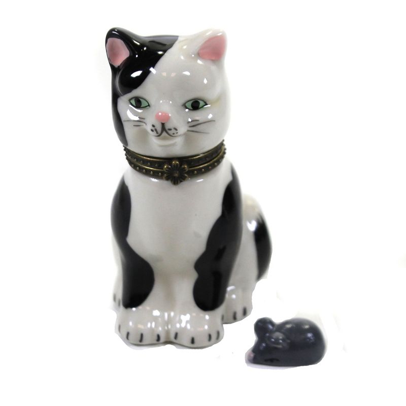 Hinged Trinket Box 3.0" Black And White Cat Hinged Box Kitty Green Eyes  -  Decorative Figurines