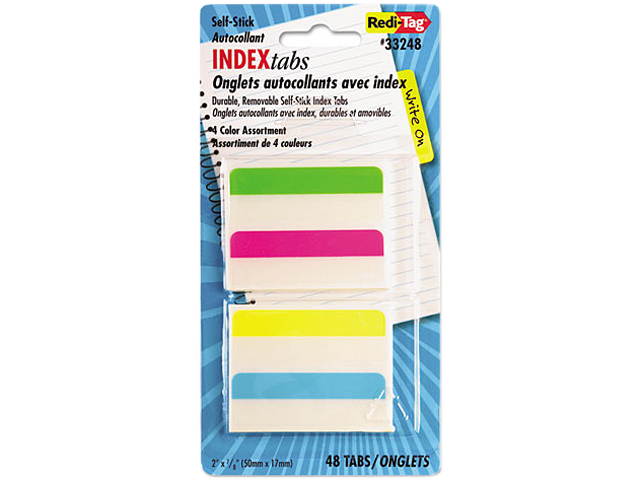 Redi-Tag 33248 Write-On Self-Stick Index Tabs/Flags, 2 x 11/16, 4 Colors, 48/Pack