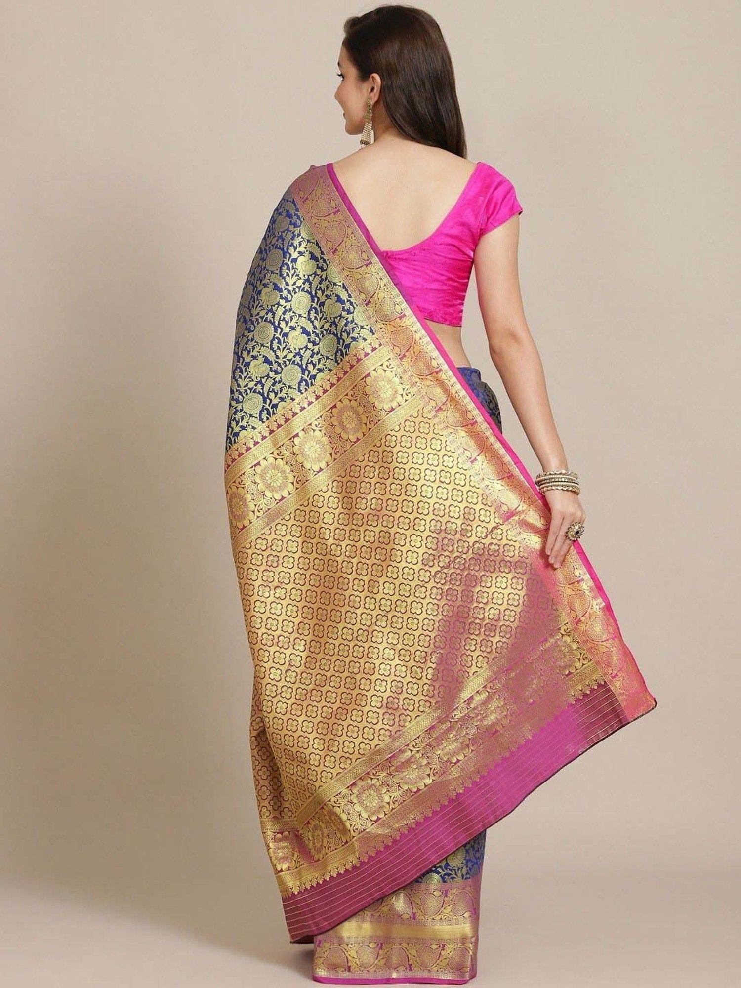 Silk Land Navy & Pink Woven Saree With Unstitched Blouse