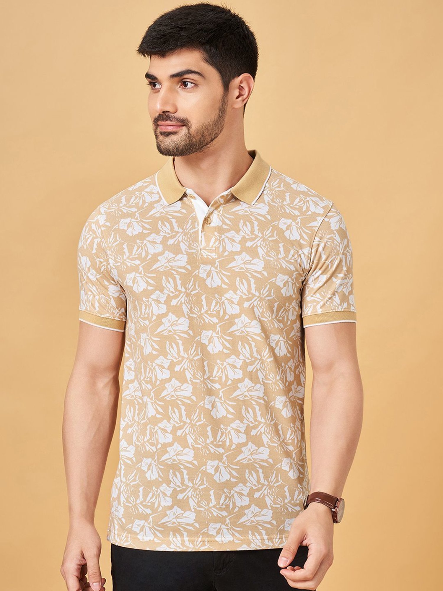 Byford By Pantaloons Peach Slim Fit Printed Polo T-Shirt