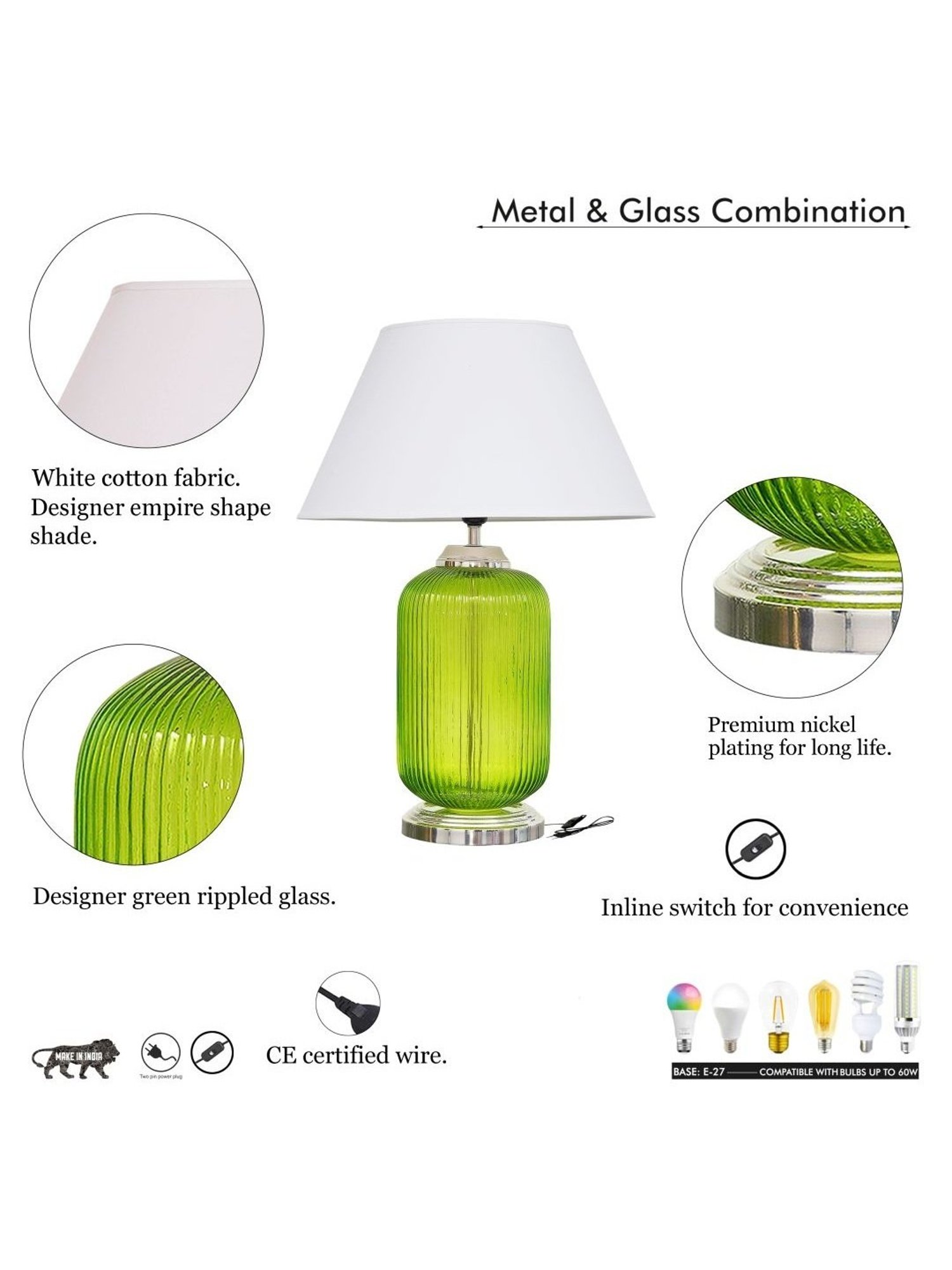 Kapoor Lamp Shades Green & White Glass Maloto Luster Finish Cotton Shade Table Lamp