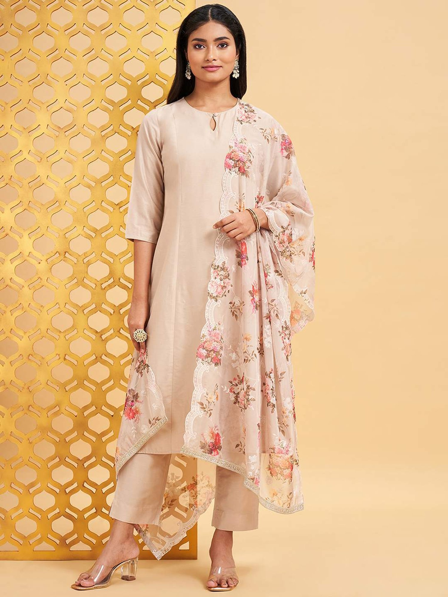 Rangmanch by Pantaloons Beige Regular Fit Kurta Pant Set With Dupatta