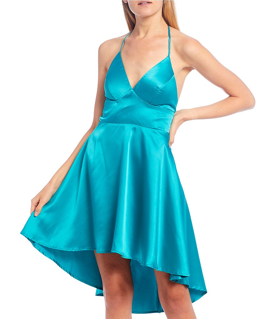 B. Darlin Tie-Neck Satin High-Low Dress
